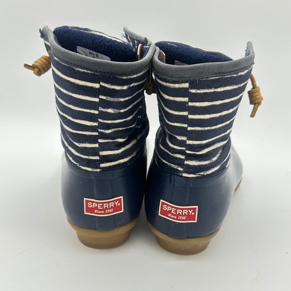 Sperry Saltwater Navy Blue Striped Canvas Waterproof Duck Boots W 8 Nautical - Picture 5 of 7